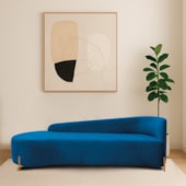 Divã Recamier Orgânico França 250cm Lado Esq Pés madeira Linho Azul Royal