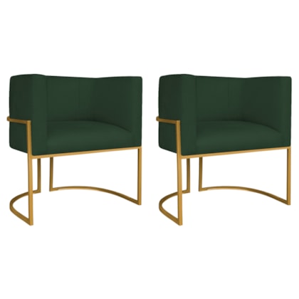 Kit 02 Poltronas Decorativas Luna Base de Ferro Dourado Linho Verde