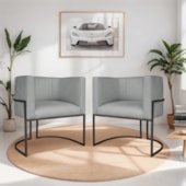 Kit 02 Poltronas Decorativas Luna Base de Ferro Preto Bouclé Cinza