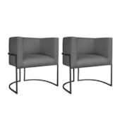 Kit 02 Poltronas Decorativas Luna Base de Ferro Preto Linho Cinza Escuro