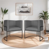 Kit 02 Poltronas Decorativas Luna Base de Ferro Preto Linho Cinza Escuro