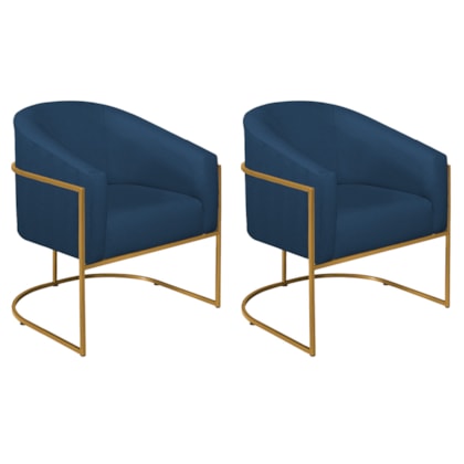 Kit 02 Poltronas Decorativas Sala de Estar Recepção Luiza Base de Ferro Dourado Suede Azul Marinho - Amarena Móveis