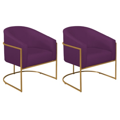 Kit 02 Poltronas Decorativas Sala de Estar Recepção Luiza Base de Ferro Dourado Suede Roxo - Amarena Móveis