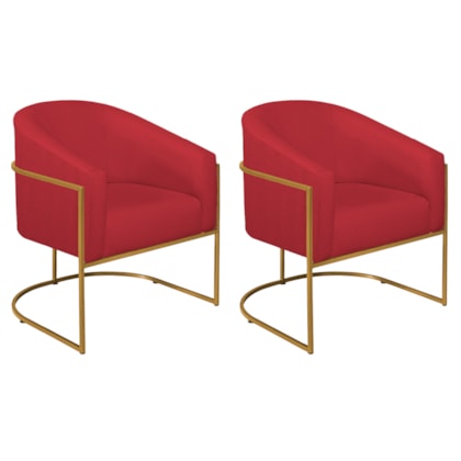 Kit 02 Poltronas Decorativas Sala de Estar Recepção Luiza Base de Ferro Dourado Suede Vermelho - Amarena Móveis