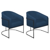 Kit 02 Poltronas Decorativas Sala de Estar Recepção Luiza Base de Ferro Preto Suede Azul Marinho - Amarena Móveis