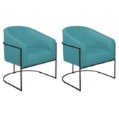 Kit 02 Poltronas Decorativas Sala de Estar Recepção Luiza Base de Ferro Preto Suede Azul Turquesa - Amarena Móveis
