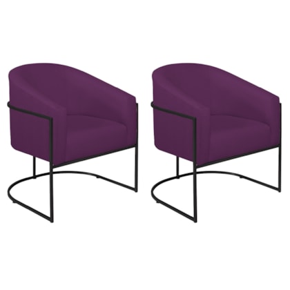 Kit 02 Poltronas Decorativas Sala de Estar Recepção Luiza Base de Ferro Preto Suede Roxo - Amarena Móveis