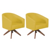 Kit 02 Poltronas Decorativas Sala de Estar Recepção Luiza Base Giratória de Madeira Suede Amarelo - Amarena Móveis