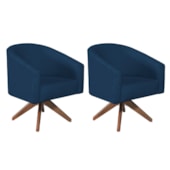 Kit 02 Poltronas Decorativas Sala de Estar Recepção Luiza Base Giratória de Madeira Suede Azul Marinho - Amarena Móveis