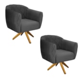 Kit 02 Poltronas Grazi Base Giratória de Madeira Linho Cinza Escuro - Amarena Móveis