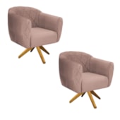Kit 02 Poltronas Grazi Base Giratória de Madeira Linho Rosê - Amarena Móveis
