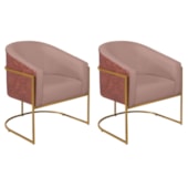 Kit 02 Poltronas Luiza Base de Ferro Dourado Corano Nozes e Linho Rosê - AM Decor