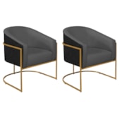 Kit 02 Poltronas Luiza Base de Ferro Dourado Factor Preto e Linho Cinza Escuro - Amarena Móveis