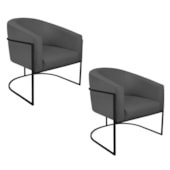 Kit 02 Poltronas Luiza Base de Ferro Preto Linho Cinza Escuro - Amarena Móveis