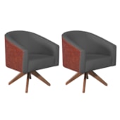 kit 02 Poltronas Luiza Base Giratória de Madeira Corano Nozes e Linho Chumbo - Amarena Móveis