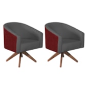 Kit 02 Poltronas Luiza Base Giratória de Madeira Factor Vermelho e Linho Cinza Escuro - Amarena Móveis