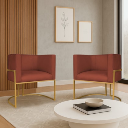 Kit 2 Poltronas Dália Luxo Moderna Estofada Design Sofisticado com Base de Ferro Dourado Bouclé Terracota