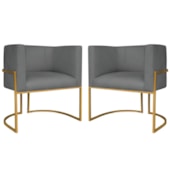 Kit 2 Poltronas Dália Luxo Moderna Estofada Design Sofisticado com Base de Ferro Dourado Corano Cinza