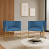 Kit 2 Poltronas Dália Luxo Moderna Estofada Design Sofisticado com Base de Ferro Dourado Linho Azul Royal