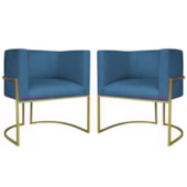 Kit 2 Poltronas Dália Luxo Moderna Estofada Design Sofisticado com Base de Ferro Dourado Linho Azul Royal