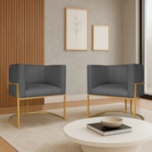 Kit 2 Poltronas Dália Luxo Moderna Estofada Design Sofisticado com Base de Ferro Dourado Linho Cinza Escuro
