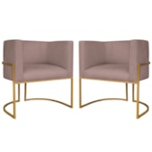 Kit 2 Poltronas Dália Luxo Moderna Estofada Design Sofisticado com Base de Ferro Dourado Linho Rose