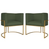 Kit 2 Poltronas Dália Luxo Moderna Estofada Design Sofisticado com Base de Ferro Dourado Linho Verde