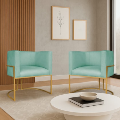 Kit 2 Poltronas Dália Luxo Moderna Estofada Design Sofisticado com Base de Ferro Dourado Suede Azul Tiffany