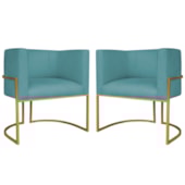 Kit 2 Poltronas Dália Luxo Moderna Estofada Design Sofisticado com Base de Ferro Dourado Suede Azul Turquesa