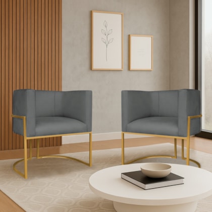 Kit 2 Poltronas Dália Luxo Moderna Estofada Design Sofisticado com Base de Ferro Dourado Suede Cinza