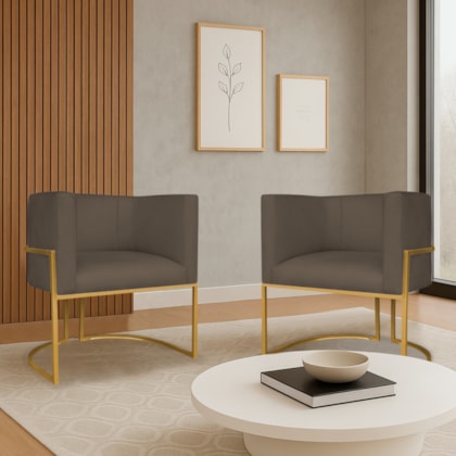 Kit 2 Poltronas Dália Luxo Moderna Estofada Design Sofisticado com Base de Ferro Dourado Suede Marrom