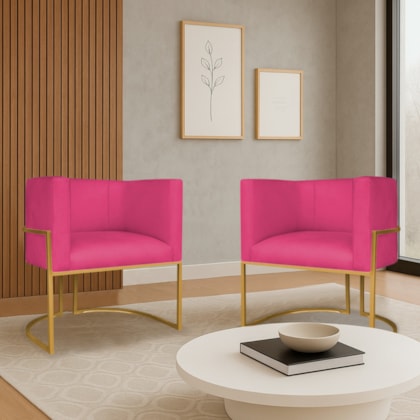 Kit 2 Poltronas Dália Luxo Moderna Estofada Design Sofisticado com Base de Ferro Dourado Suede Pink