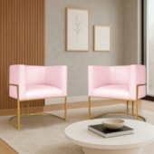 Kit 2 Poltronas Dália Luxo Moderna Estofada Design Sofisticado com Base de Ferro Dourado Suede Rosa Bebê