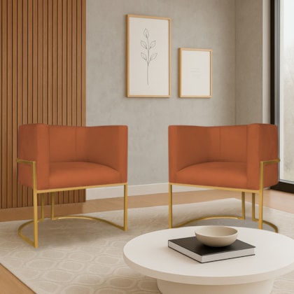Kit 2 Poltronas Dália Luxo Moderna Estofada Design Sofisticado com Base de Ferro Dourado Suede Terracota