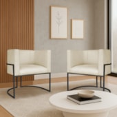 Kit 2 Poltronas Dália Luxo Moderna Estofada Design Sofisticado com Base de Ferro Preto Bouclé Bege