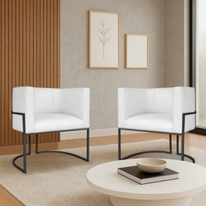 Kit 2 Poltronas Dália Luxo Moderna Estofada Design Sofisticado com Base de Ferro Preto Bouclé Branco