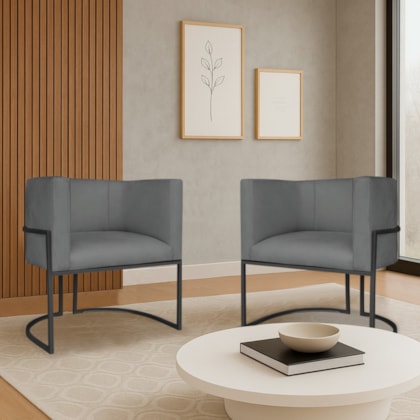 Kit 2 Poltronas Dália Luxo Moderna Estofada Design Sofisticado com Base de Ferro Preto Corano Cinza