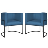 Kit 2 Poltronas Dália Luxo Moderna Estofada Design Sofisticado com Base de Ferro Preto Linho Azul Royal