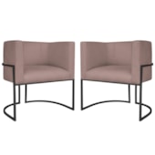Kit 2 Poltronas Dália Luxo Moderna Estofada Design Sofisticado com Base de Ferro Preto Linho Rose