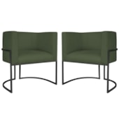 Kit 2 Poltronas Dália Luxo Moderna Estofada Design Sofisticado com Base de Ferro Preto Linho Verde