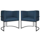 Kit 2 Poltronas Dália Luxo Moderna Estofada Design Sofisticado com Base de Ferro Preto Suede Azul Marinho
