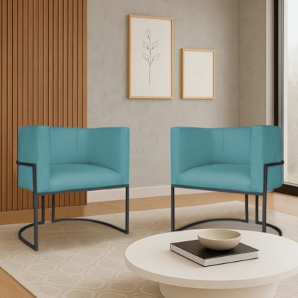 Kit 2 Poltronas Dália Luxo Moderna Estofada Design Sofisticado com Base de Ferro Preto Suede Azul Turquesa