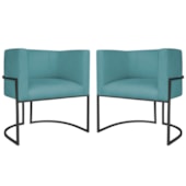 Kit 2 Poltronas Dália Luxo Moderna Estofada Design Sofisticado com Base de Ferro Preto Suede Azul Turquesa