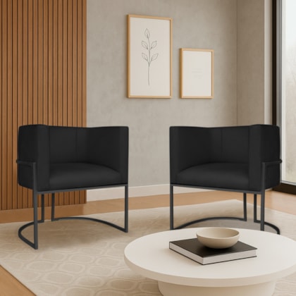 Kit 2 Poltronas Dália Luxo Moderna Estofada Design Sofisticado com Base de Ferro Preto Suede Preto