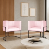 Kit 2 Poltronas Dália Luxo Moderna Estofada Design Sofisticado com Base de Ferro Preto Suede Rosa Bebê