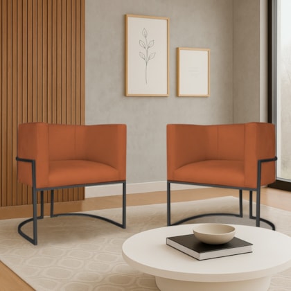 Kit 2 Poltronas Dália Luxo Moderna Estofada Design Sofisticado com Base de Ferro Preto Suede Terracota