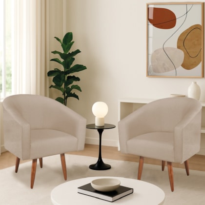 Kit 2 Poltronas Decorativa Jade Design Moderno Sala de Estar Quarto Escritório Confortável Luxo Pés Palito Linho Bege