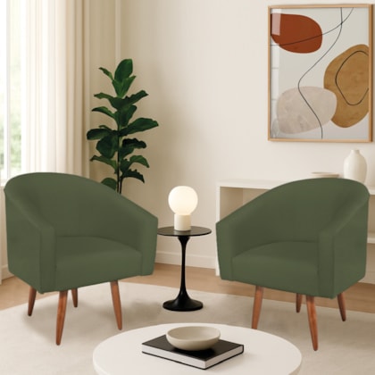 Kit 2 Poltronas Decorativa Jade Design Moderno Sala de Estar Quarto Escritório Confortável Luxo Pés Palito Linho Verde