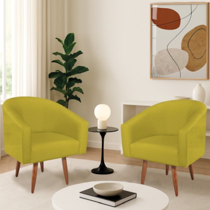 Kit 2 Poltronas Decorativa Jade Design Moderno Sala de Estar Quarto Escritório Confortável Luxo Pés Palito Suede Amarelo