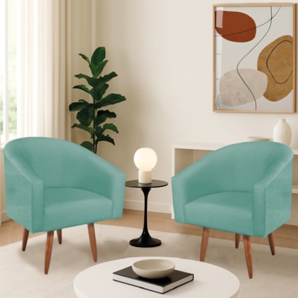 Kit 2 Poltronas Decorativa Jade Design Moderno Sala de Estar Quarto Escritório Confortável Luxo Pés Palito Suede Azul Ciano